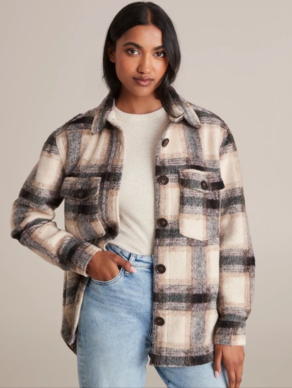Plaid Button-Front Shacket in Cream and Gray